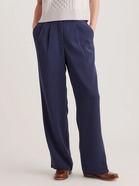 Quince stretch crepe pleated Navy Wide-Leg Trousers